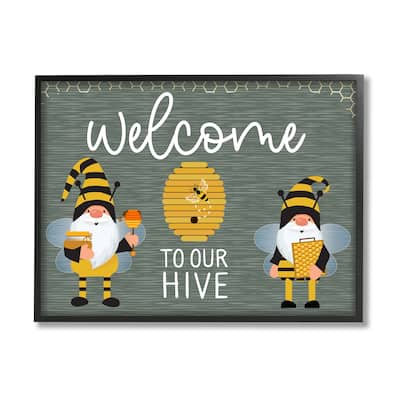 Stupell Welcome To Our Hive Honey Bee Garden Gnomes Typography Framed Wall Art - Grey