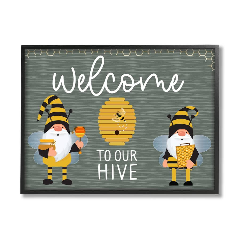 Stupell Welcome To Our Hive Honey Bee Garden Gnomes Typography Framed Wall Art - Grey