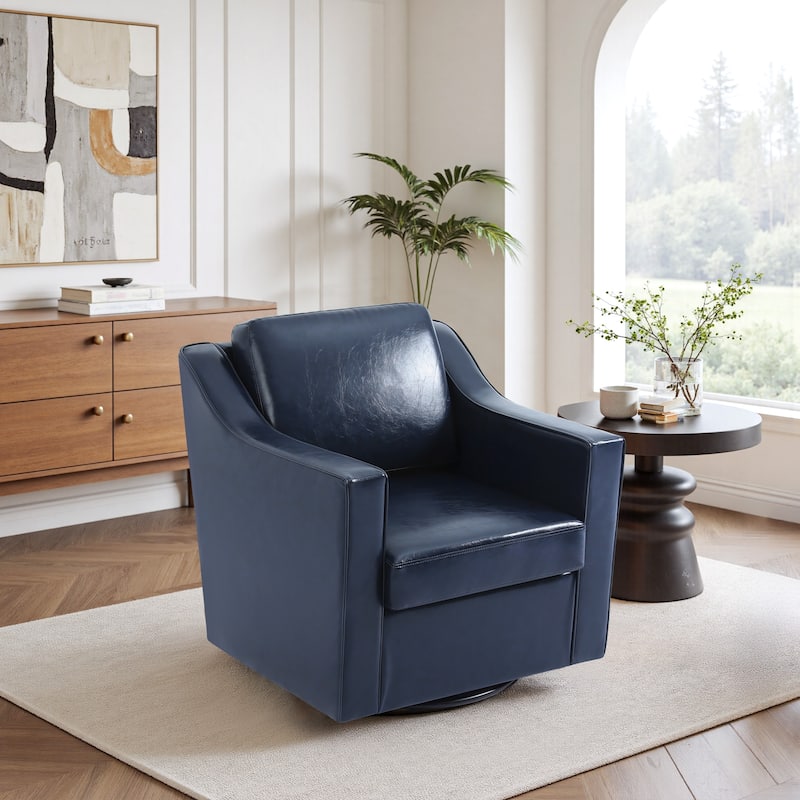 30'' W Vegan Leather/Chenille Swivel Accent Chair with Armrest - Navy-Vegan Leather