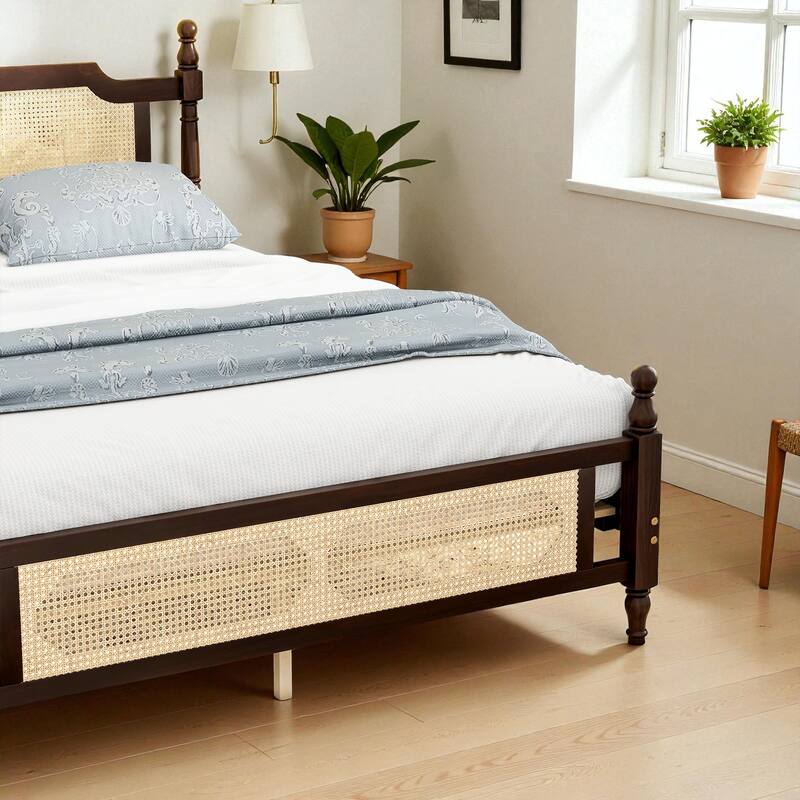 Queen/King Size Pine Wood Bed with Rattan Headboard and Footboard, Solid Frame with Central Support and Under-Bed Storage