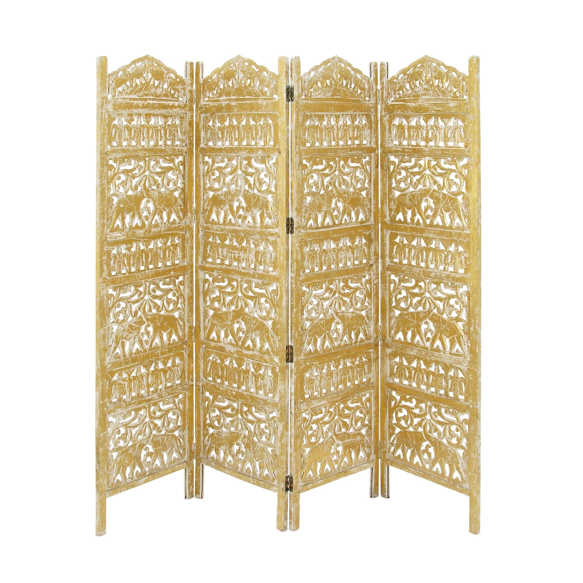 Wooden Scroll Handmade Hinged Foldable 4 Panel Room Divider Screen with Carved Elephant Accents - Gold - Roche River Decor
