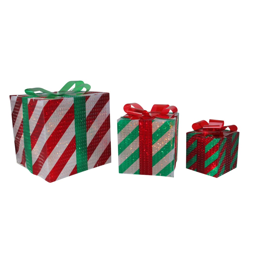 3 Red Green Striped Gift Boxes Outdoor Christmas Decorations 8" g