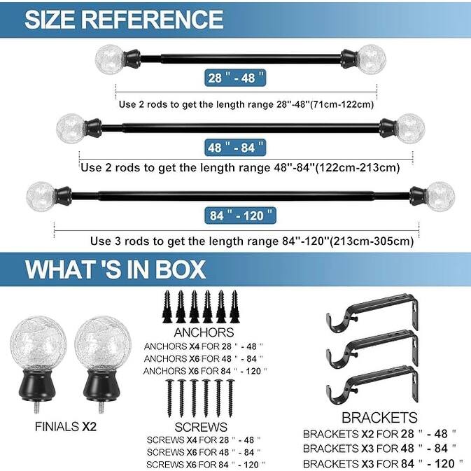1-inch Diameter Crackle Glass Adjustable Single Drapery Curtain Rod