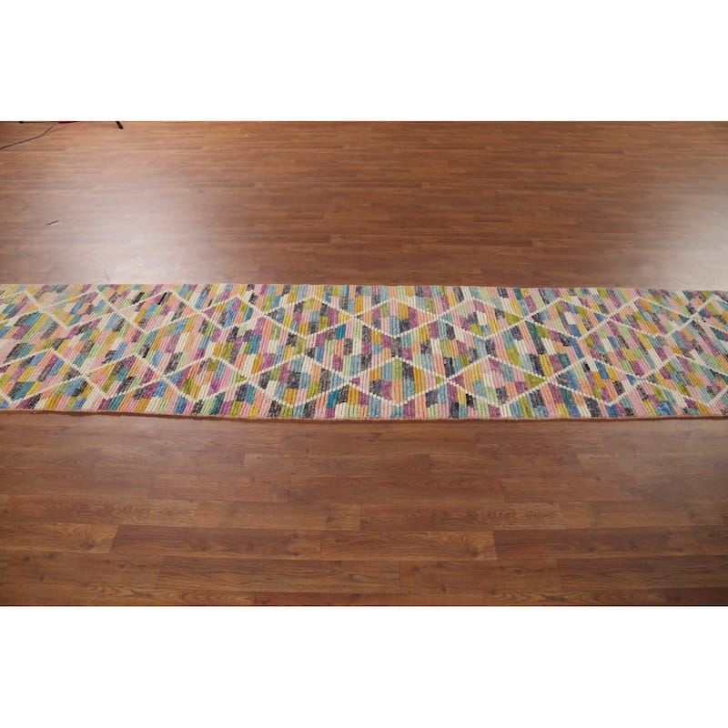 Modern Trellis Moroccan Oriental Runner Rug Hand-Knotted Wool Carpet - 2'5"x 12'8"