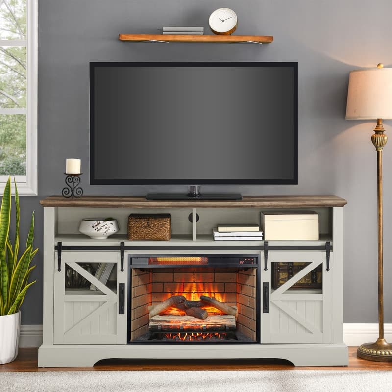 60 Inch Electric Fireplace Entertainment Center With Door Sensor-Jasmine white color