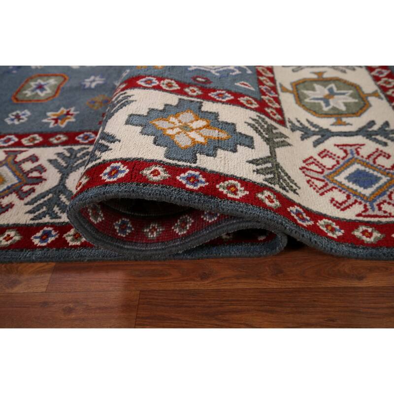 Geometric Blue Kazak Oriental Area Rug Hand-Knotted Wool Carpet - 7'11" x 9'9"