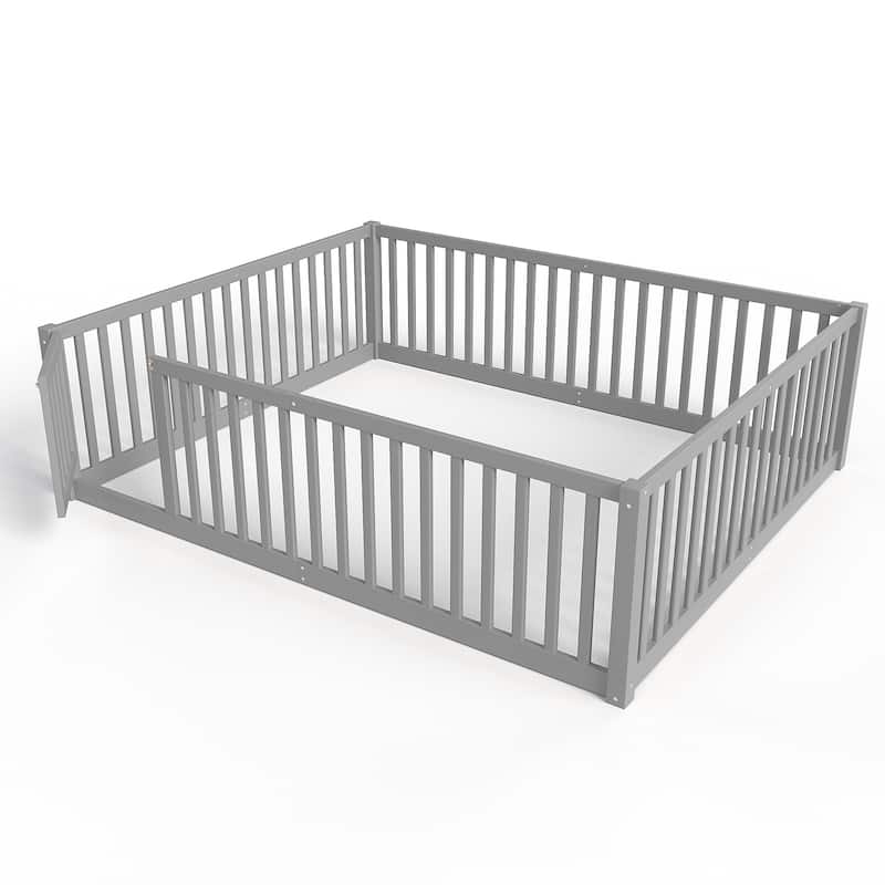 Montessori Floor Bed with Safety Guardrails & Door, Kids Low Profile Frame, Available in Queen/Full/Twin