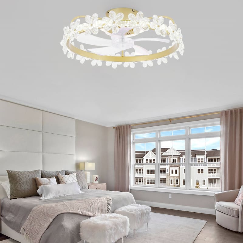 Oaks Aura 21in. Modern Smart App Control Daisy Crystal Low Profile Ceiling Fan With Light, Flush Mount Ceiling Fan for Bedroom