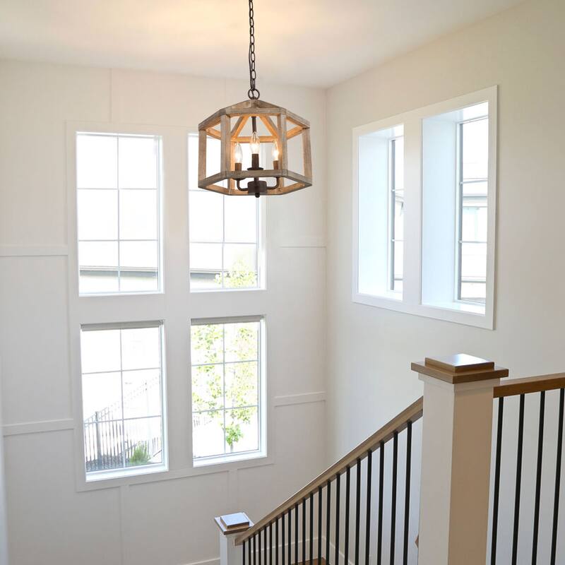Farmhouse 3-Light Wood Chandelier Lantern Pendant Light for Kitchen Island Foyer