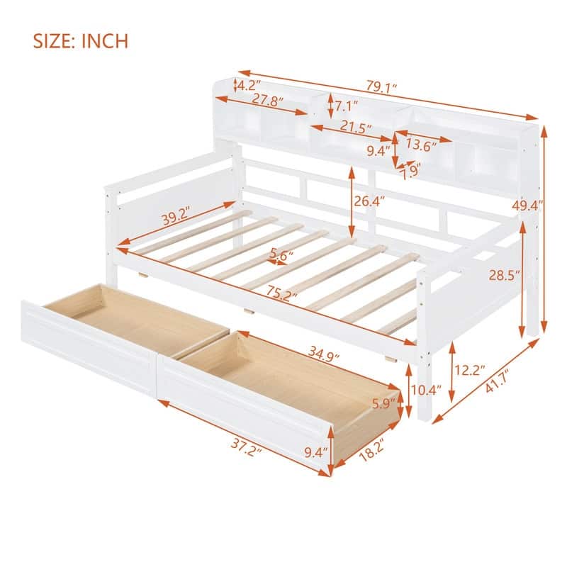 Twin size Wood Daybed with Storage Shelf and Two Drawers
