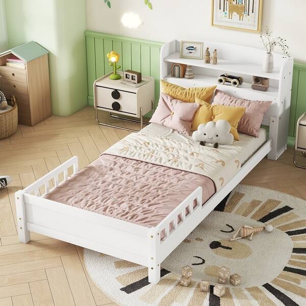 slide 2 of 24, Twin Pine Wood Bed with Bookcase Headboard ,LED Motion Sensor Light, Guardrails White
