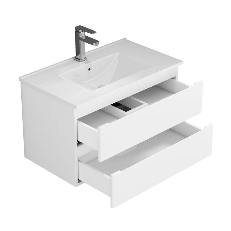 32 Inch Floating Bathroom Vanity with One-piece Ceramic Sink, Wall Mounted Cabinet with 2 Drawers