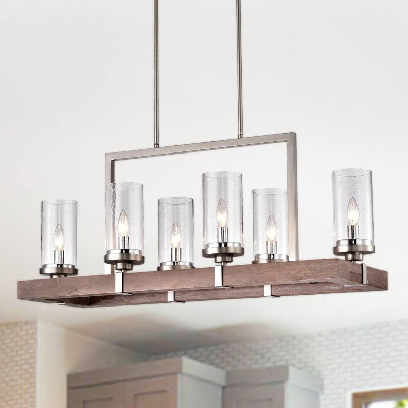 Wood and Metal 6-light Linear Chandelier with Seeded Glass Shades Nickel / Driftwood