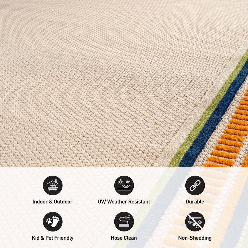 World Rug Gallery Indoor/Outdoor High-Low Textured Area Rug, Coastal Border Easy-Clean Patio Rug