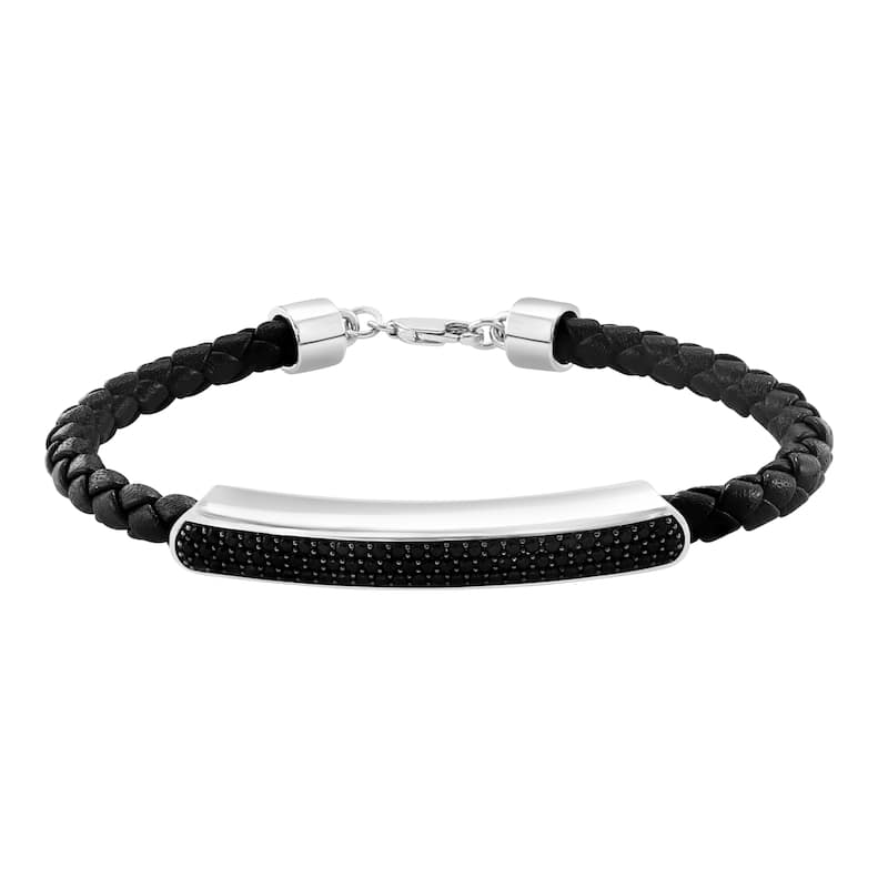 EFFY Men's 925 Sterling Silver and Leather Black Spinel Bracelet