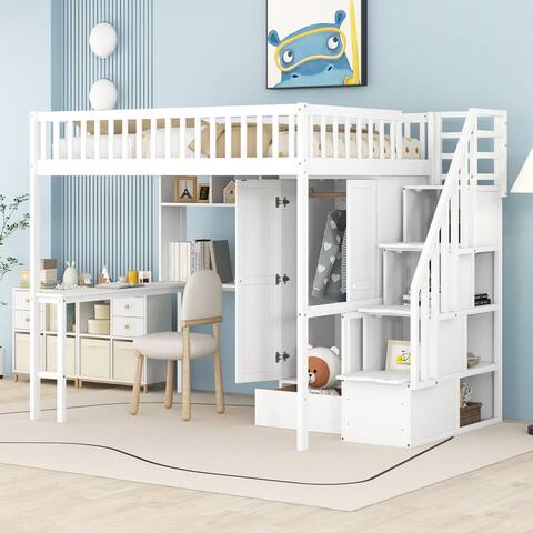 Full Wood Loft Bed with Desk,Bookshelf, Drawers and Wardrobe