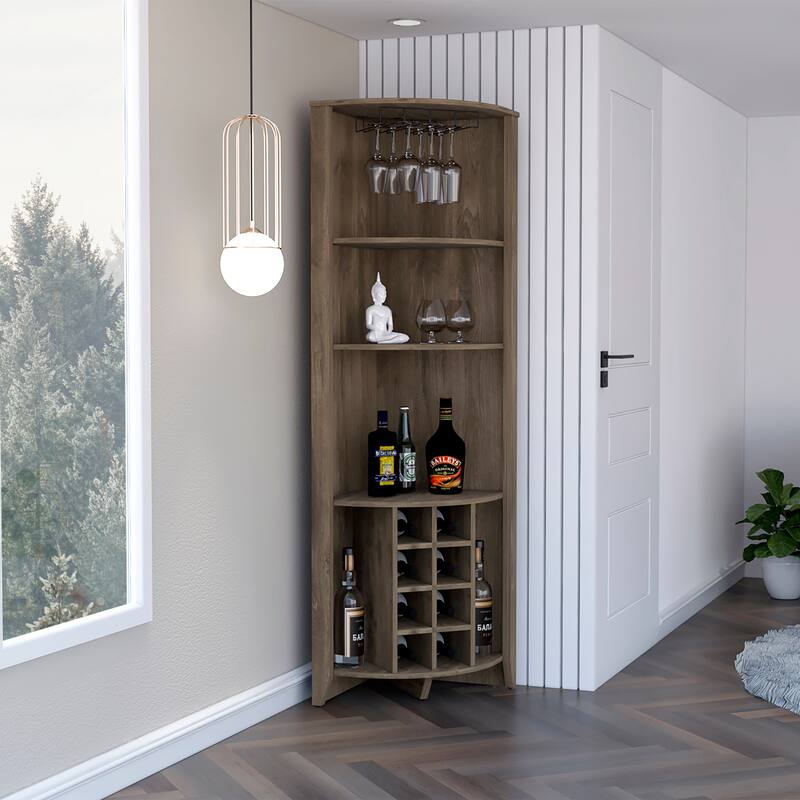 Modern Corner Bar Cabinet with 8 Built-In Wine Racks and 3 Shelves for Storage and Display