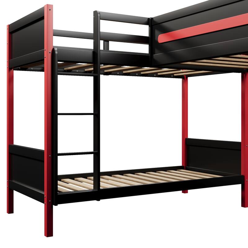 Roomfitters L-Shaped Twin Bunk & Loft Bed with Built-In Gaming Desk, LED Lights, Black and Red