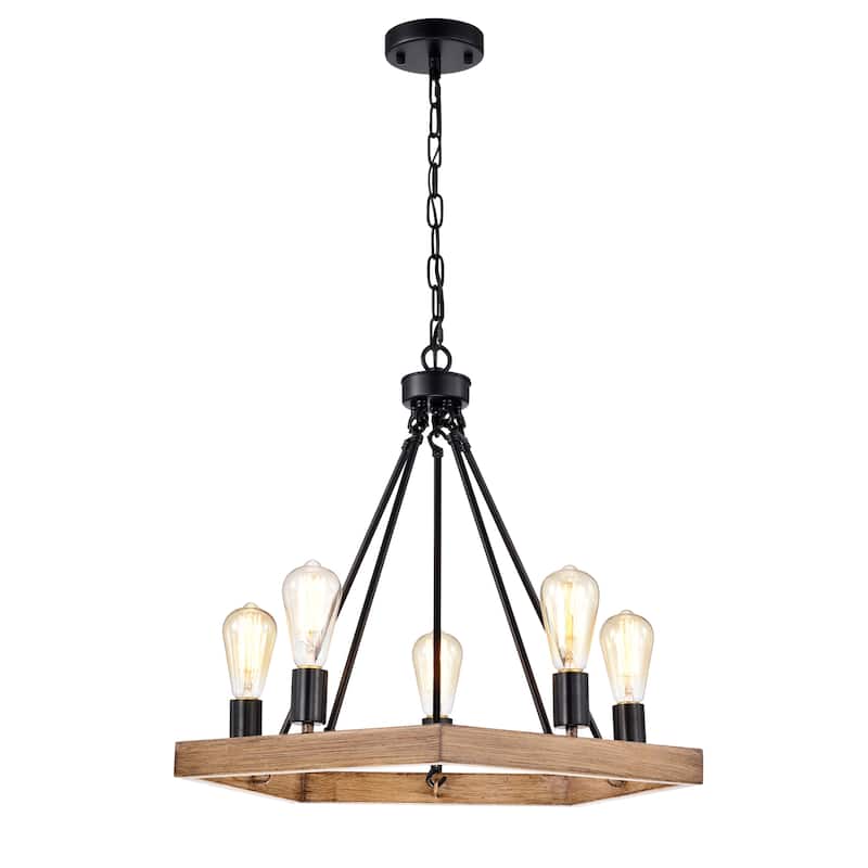 Aafje Matte Black Pentagon 5 Light Wood Grain Paint Chandelier 24 Inch.