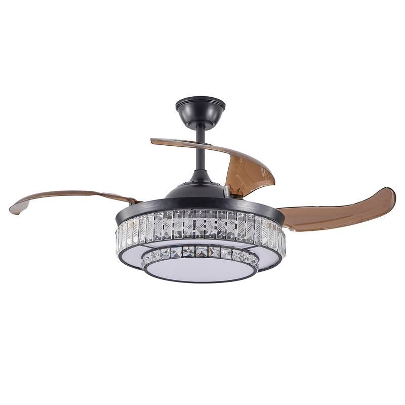48" Modern Crystal Ceiling Fan With Retractable LED Light – 6-Speed Quiet DC Motor & Remote Control, Reversible 4-Blade Design. -  Black - 48" 