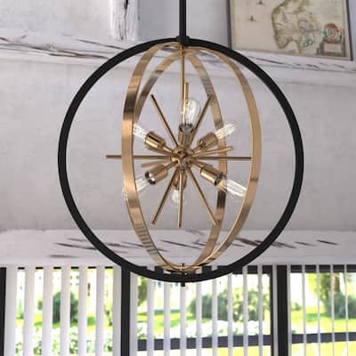 Estelle 26.75-in Brass and Black Mid Century Modern 6 Light Globe Sputnik Hanging Ceiling Pendant Chandelier