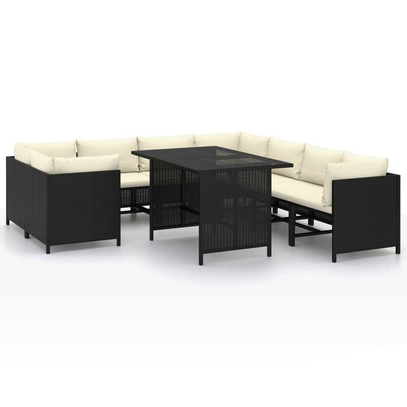 Nilo 9pc Outdoor Modular Corner Sofa Set w Dining Table, Black Rattan - Black, Cream White
