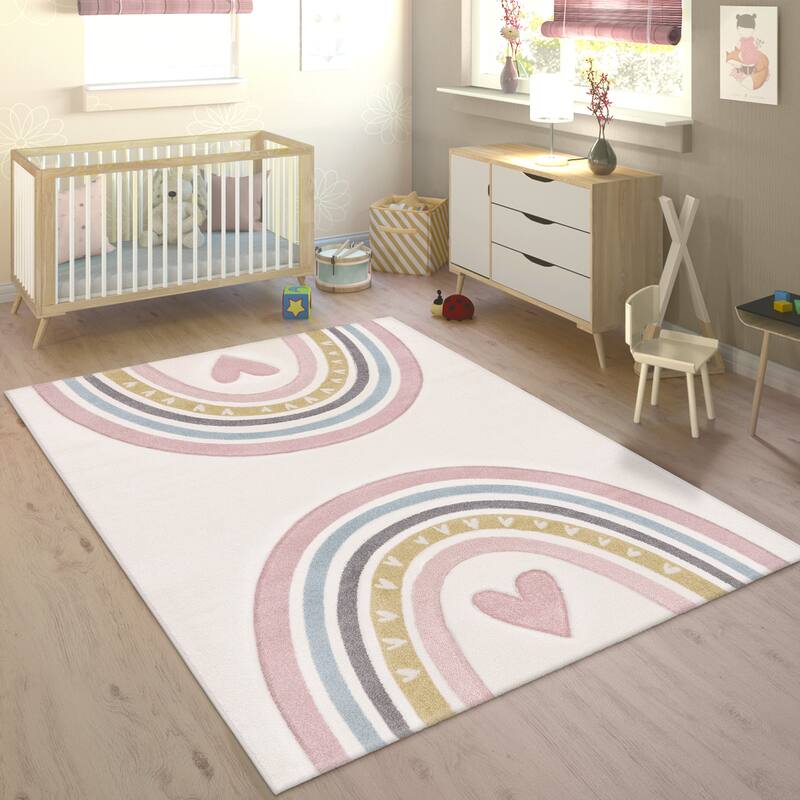 Kids Rug for Nursery with Rainbows & Hearts in Cream Pastel - pink - 3'11" x 5'7"