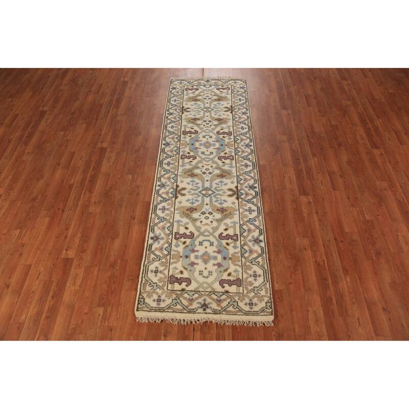 All-Over Floral Oushak Indian Runner Rug Hand-Knotted Wool Carpet - 2'6"x 7'9"