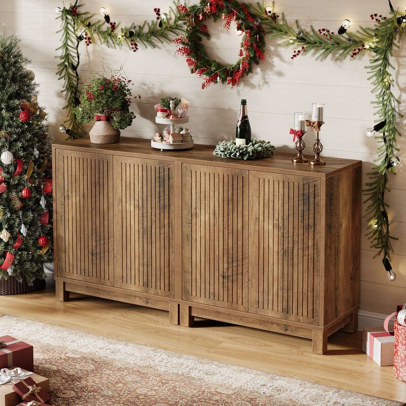 Farmhouse Fluted Sideboard Buffet Cabinet, Wood Storage Cabinet