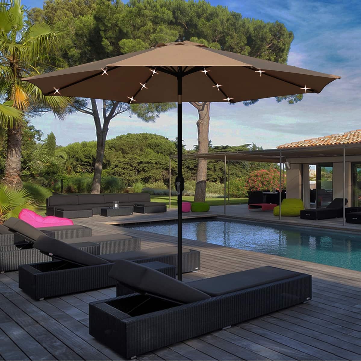 9 foot solar patio umbrella WestinTrends ft. Power LED lights Market shield your eyes from an afternoon glare 9 Foot Patio Umbrella with