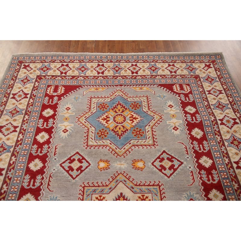 Kazak Area Rug Hand-Knotted Geometric Grey Wool Carpet - 6'9" x 9'8"
