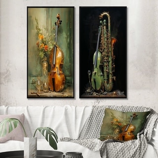 Designart "Bassoon Beauty Opulent Olive" Music Framed Art Set Of 2 - Traditional Wall Art Set Green Wall Decor 2 Pieces