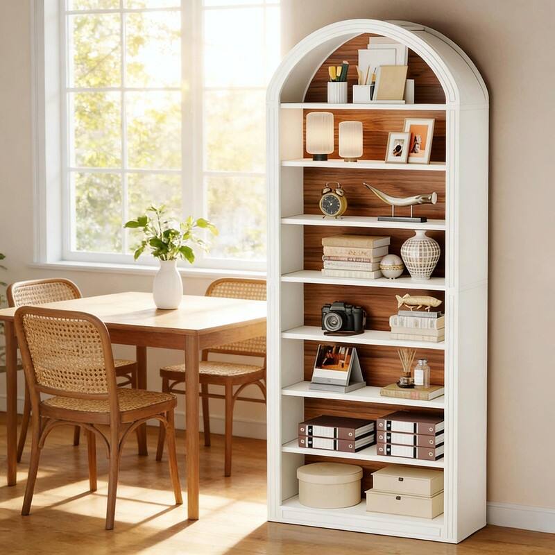 8-Tier Arched Bookshelf with Two-Tone Finish, Sturdy MDF Bookcase with Closed Back for Living Room, Study, or Kitchen