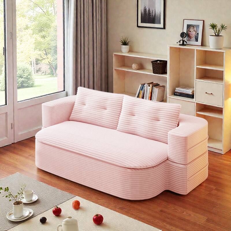 78.7 Inch Convertible Floor Sofa Bed, Plush Corduroy Sleeper Couch with Blanket and 2 Pillows, Deep Seat - Pink