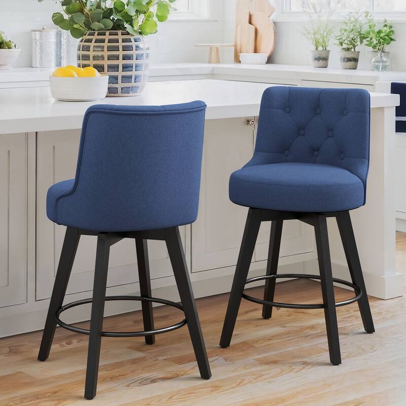 26" Counter Height Swivel Bar Stools with Solid Wood Frame Set of 2 - 26" H - Navy Blue