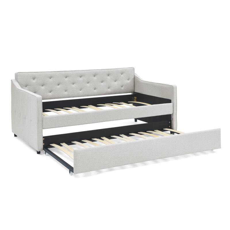 Roomfitters Twin Upholstered Daybed with Twin Trundle, Tufted Backrest and Elegant Waved Arms