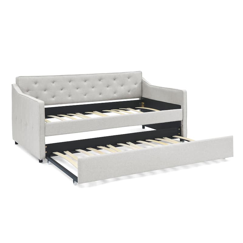 Twin Size Daybed with Twin Size Trundle Upholstered Tufted Sofa Bed,Waved Shape Arms(80.5"x44.5"x33.5")
