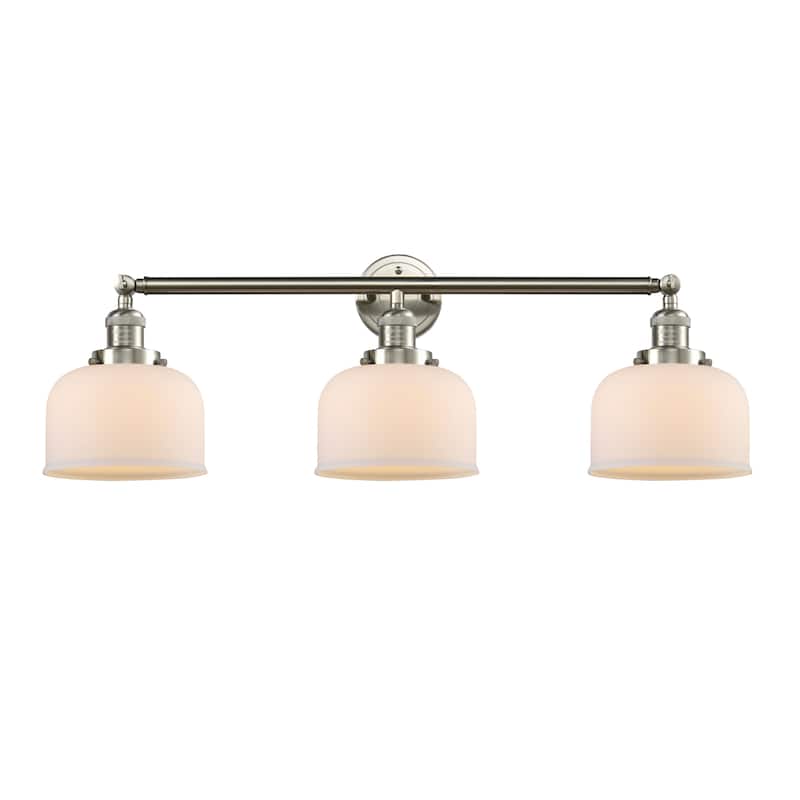Innovations Lighting Large Bell 3 Light 32" Wide Bathroom Vanity Light - Brushed Satin Nickel / Matte White