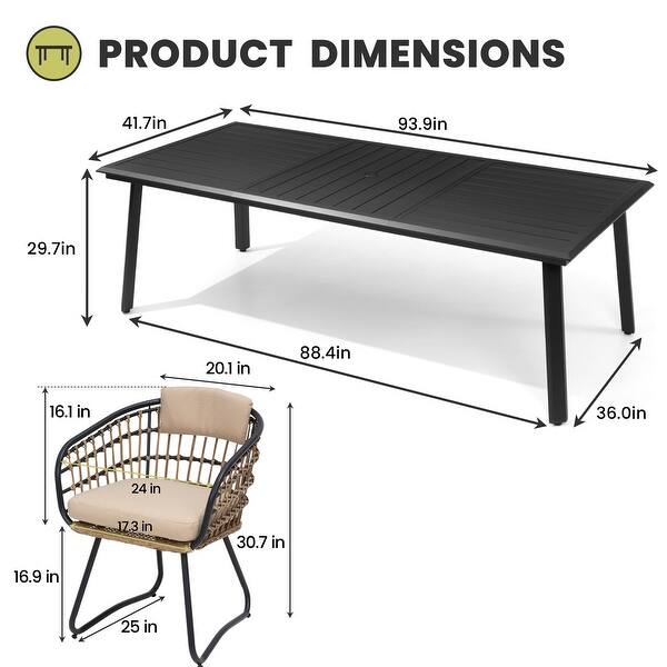 dimension image slide 5 of 7, 7/9/11-Piece Outdoor Patio Dining Set Aluminum Rectangular Dining Table with Umbrella Hole and PE Rattan Chairs - See Picture