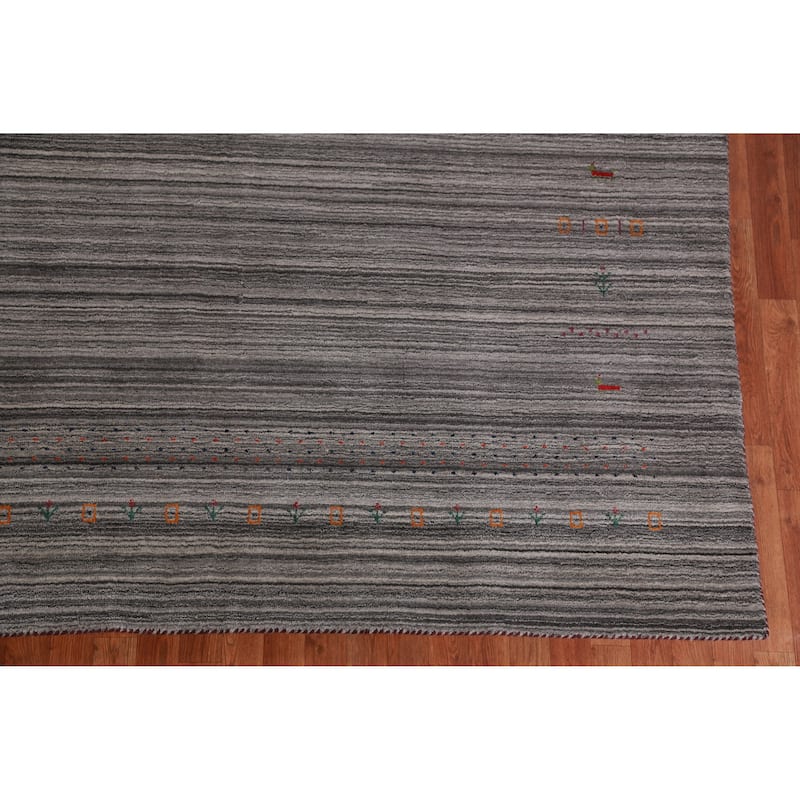 Hand Knotted Oriental 100% Wool Carpet Tribal Stripe Greys & Charcoal Gabbeh Area Rug - 9' 9'' X 8' 1''