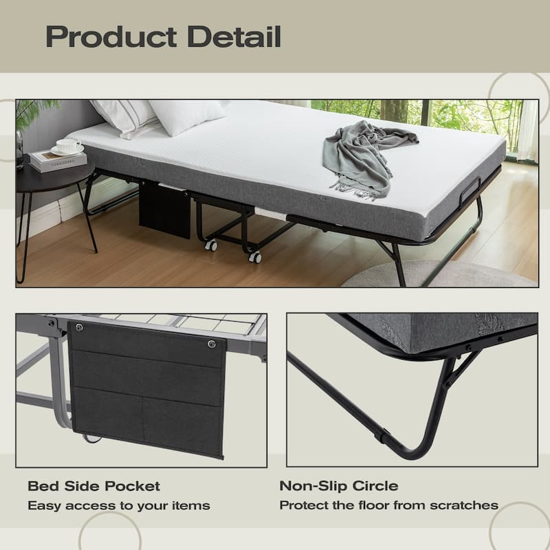 Twin XL Size Metal Frame Foldable Bed with Memory Foam Mattress and Wheels (350lb Capacity)