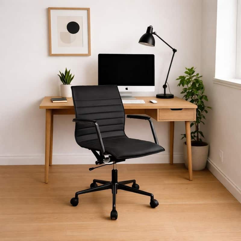 Modern Office Desk Chair | Upholstered PU Leather Ribbed Mid Back with Metal Frame | Adjustable Height, Tilt Lock