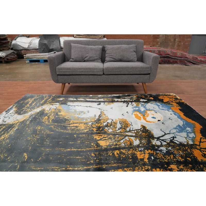 Hand Knotted Oriental Viscose Silk Carpet Modern Pictorial Multi-Colored Abstract Area Rug - 7' 10'' X 5' 8''