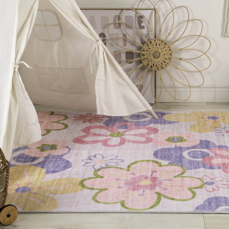 Rug Branch Kids Soft Steps Playtime Fun Floral Pink Purple Soft Area Rug