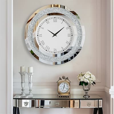 Round Mirror Clock Silver/ Tawny Tinted Crushed Diamond Mirrored Wall Clock - 23.62x1.77x23.62 inch