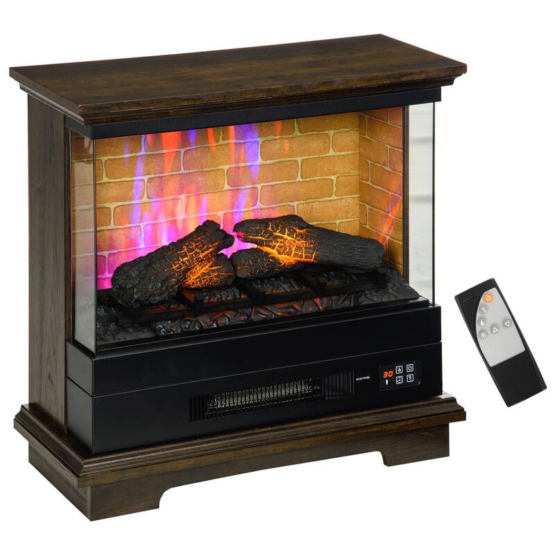 Freestanding 26" Electric Fireplace Stove with Remote, Adjustable Temperature, 12-Hour Timer & Realistic Flame Effect - Brown