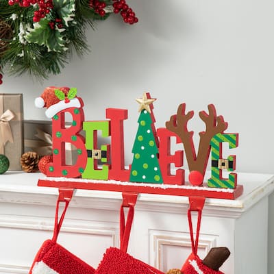 Glitzhome 7.75" H Wooden/Metal BELIEVE Christmas Stocking Holder Mantel Ornament