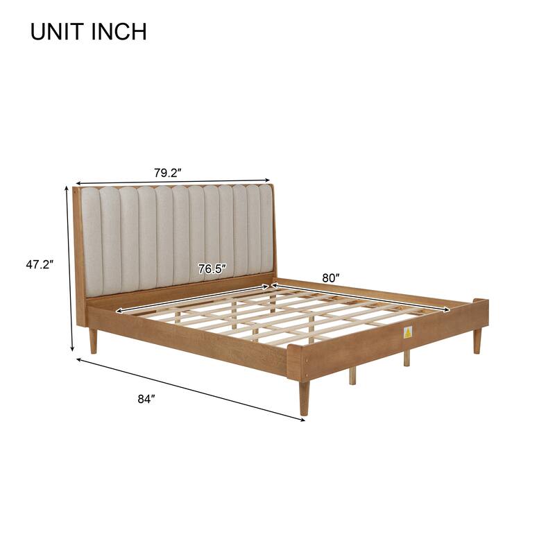 King Size Wood Bed with Piano Key Style Upholstered Headboard , Wood Bed with Strengthened Bed Frame