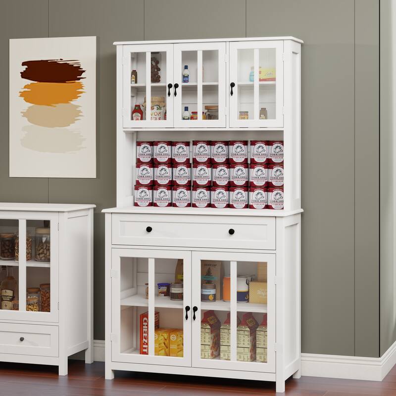Kitchen Pantry Cabinet with 1 Large Drawer, Buffet Cabinet with Microwave Oven Countertop, Cabinet with Adjustable Shelves
