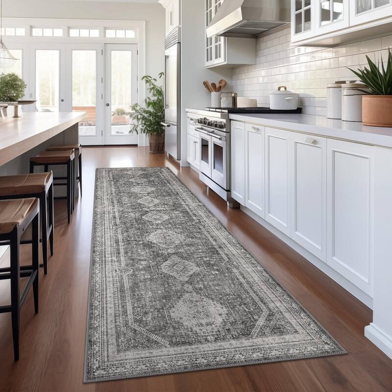 Mcow Faded Floral Vintage Low-Pile Machine Washable Non-Slip Area Rug